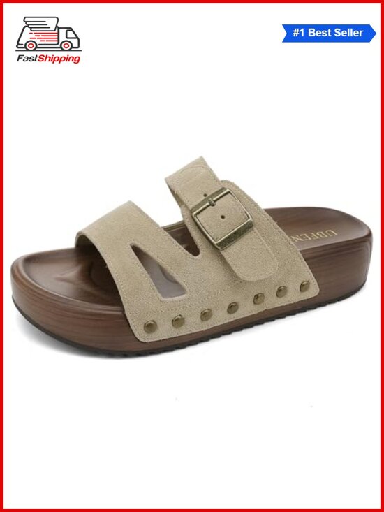 Shoes - Platform Sandals Slip On Slides Double Buckle Genuine Leather Arch Support